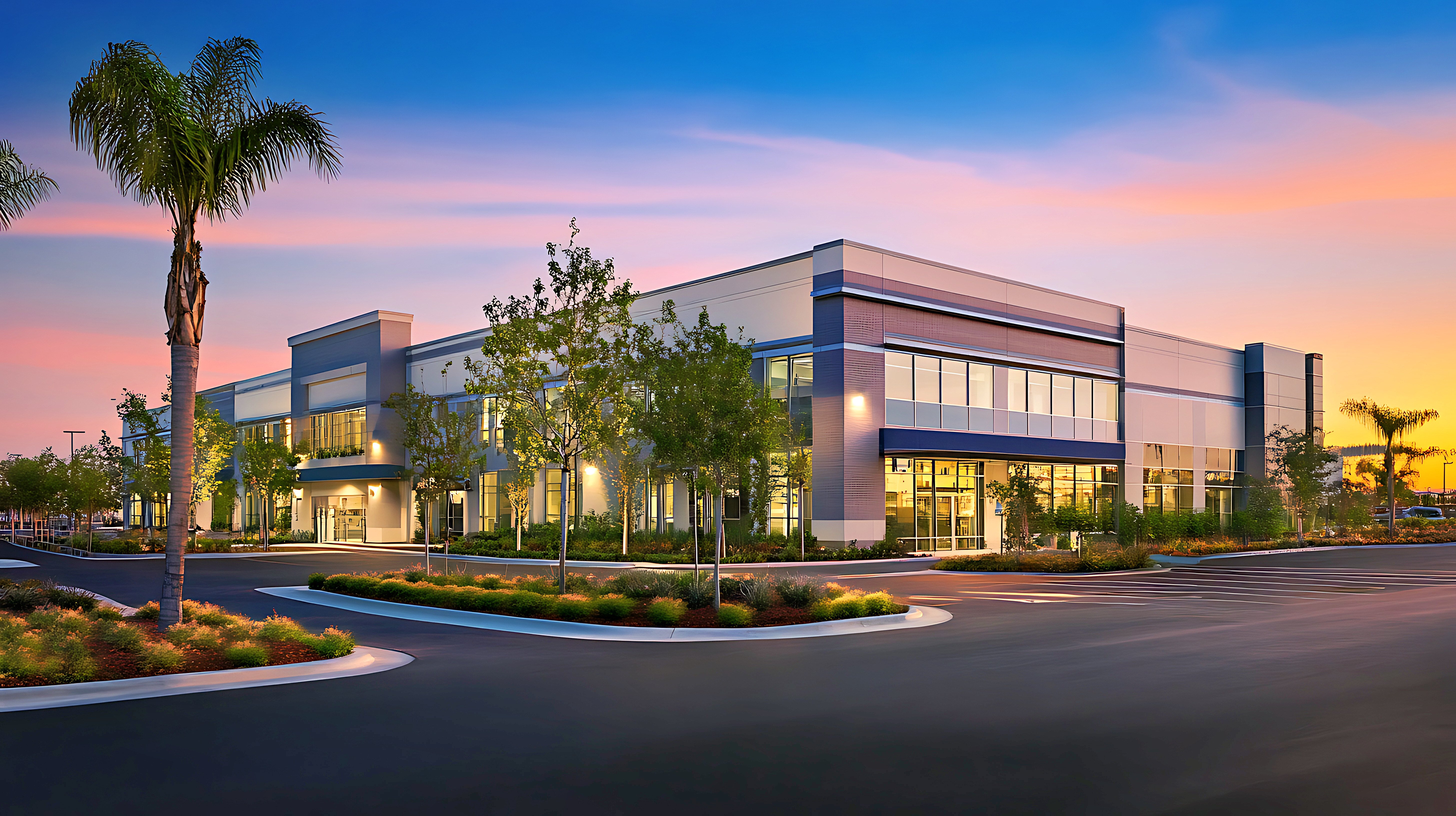 Modern data center facility at dusk