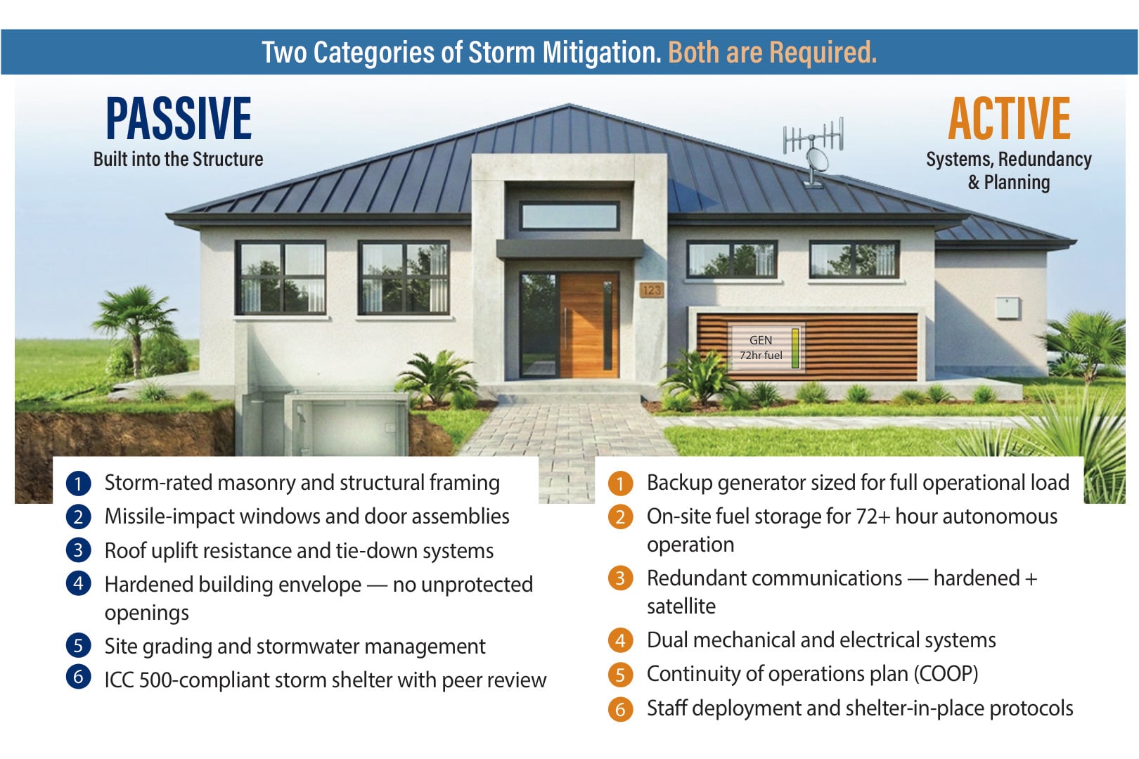 Diagram showing passive vs active storm mitigation strategies in a building.