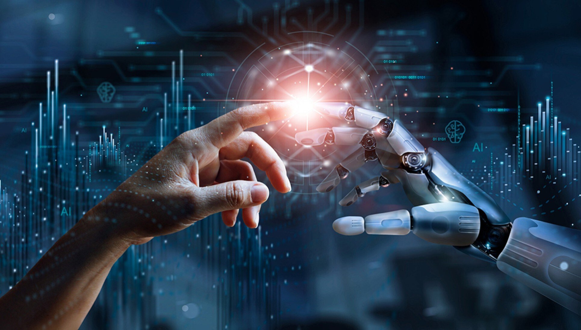 Human and robotic hands touching — physical AI concept